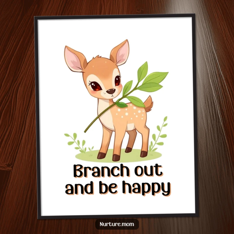 Funny Free Printable Wall Art: A small, gentle deer offers tasty leaves from a vibrant leafy branch.