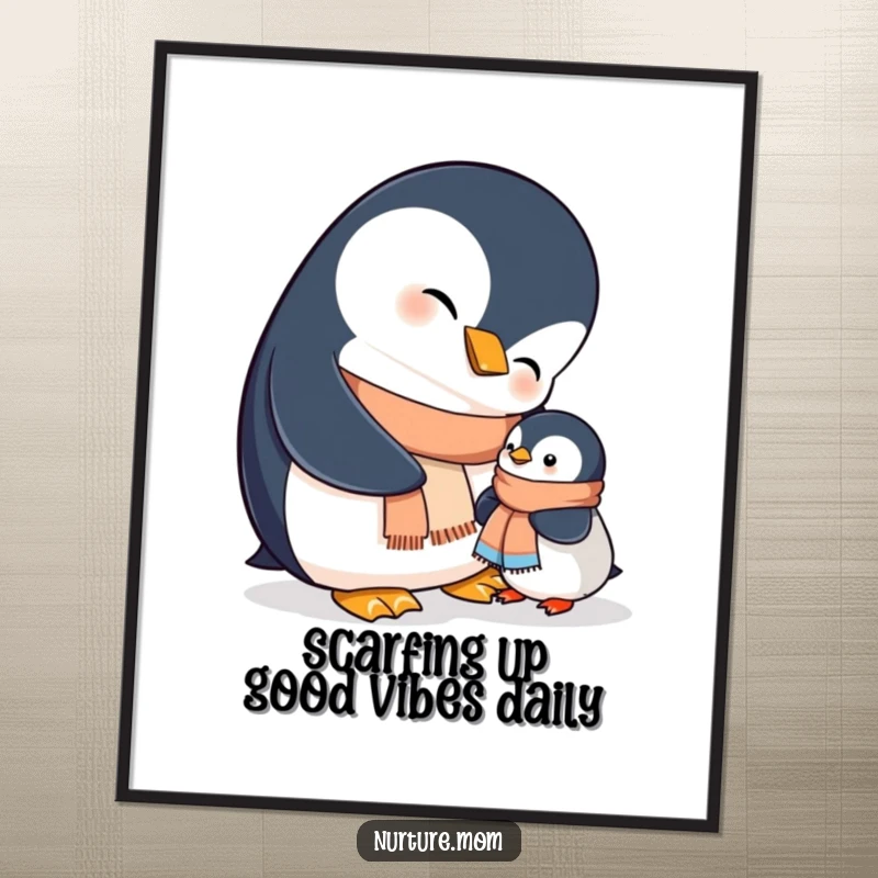 Funny Free Printable Wall Art: Mama penguin smiling, helping chick fasten a tiny scarf, creating a cozy winter scene.