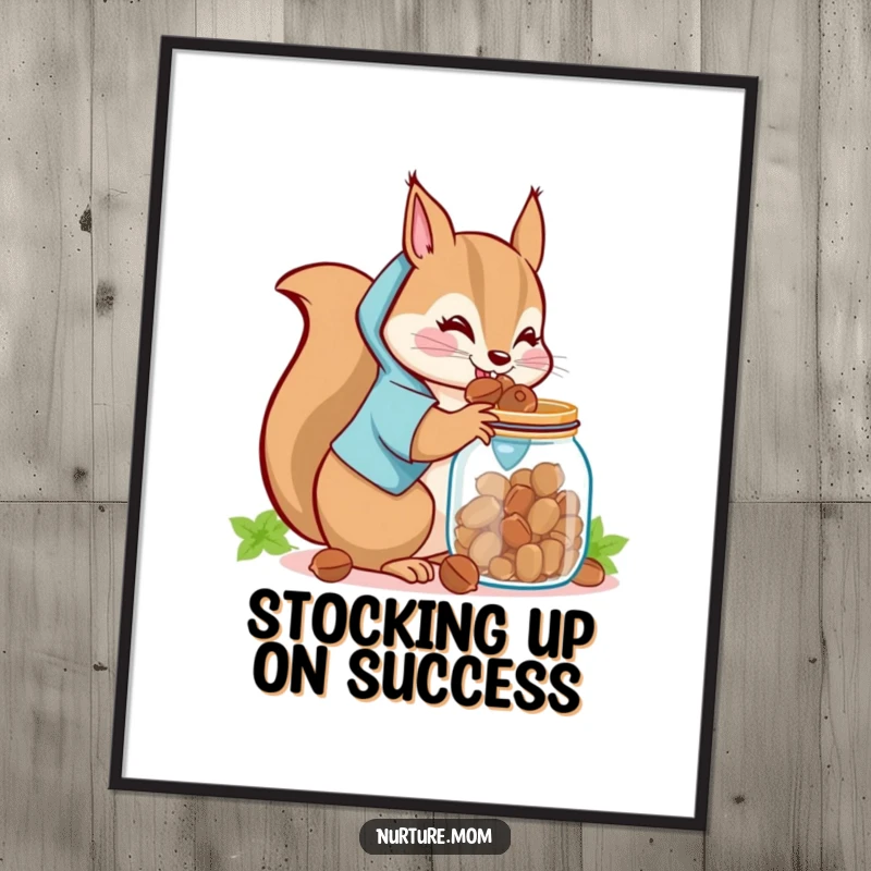 Funny Free Printable Wall Art: Adorable kawaii squirrel mom hoarding nuts in a jar, a humorous and charming illustration.