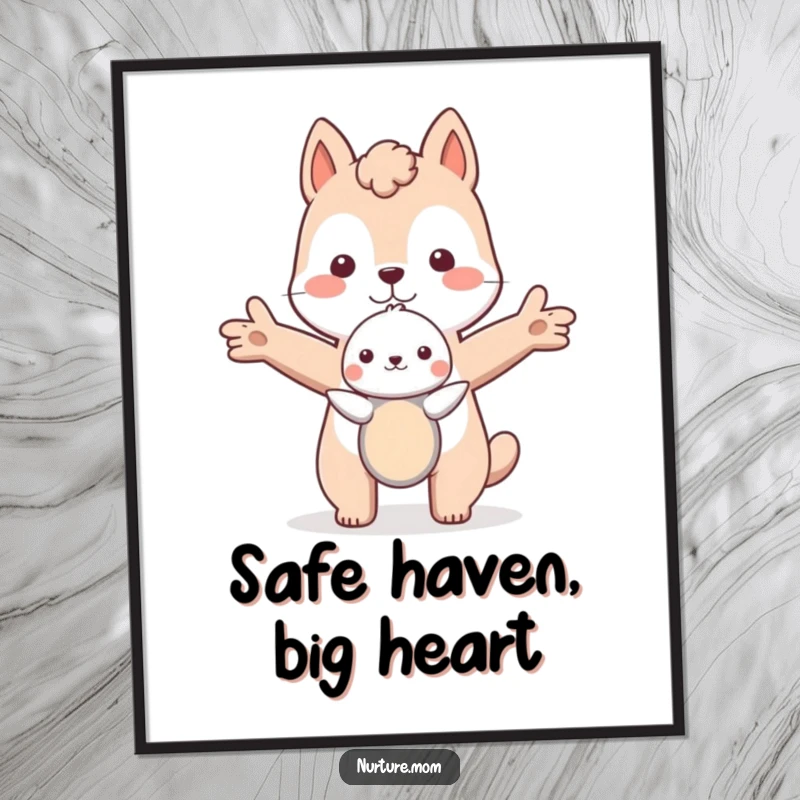 Gentle Free Printable Wall Art: A nurturing animal protectively holding a small creature with its arms outstretched.
