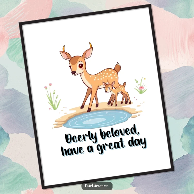 Funny Free Printable Wall Art: Kawaii mother deer guiding her fawn, cute downloadable decor for nature lovers.