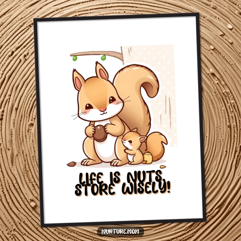 Funny Free Printable Wall Art: Kawaii mother squirrel teaching babies nut storage, cute downloadable decor.