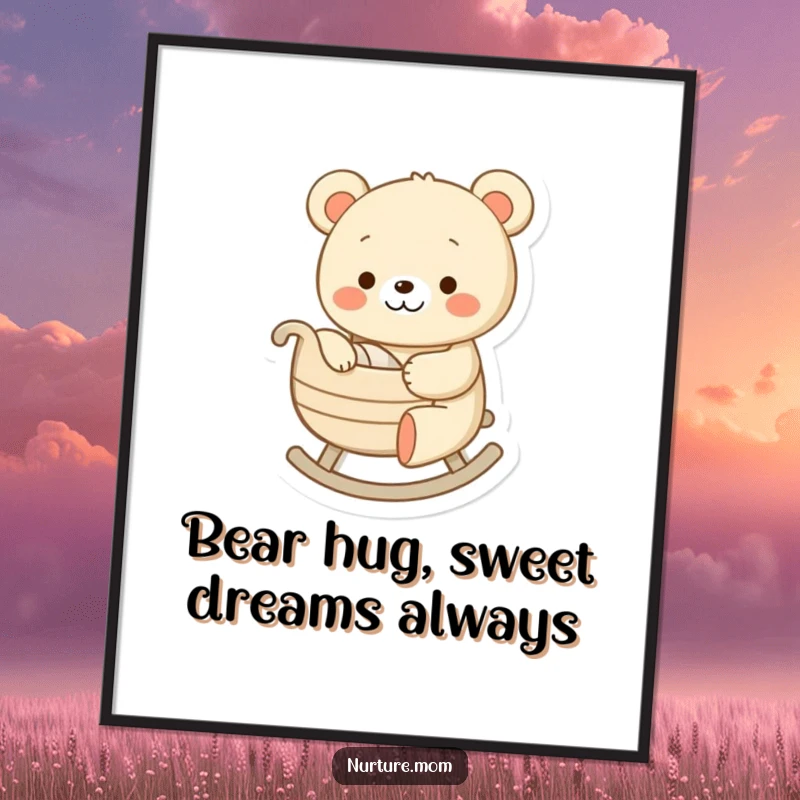 Funny Free Printable Wall Art: A cheerful bear character gently rocking a tiny cradle, radiating peace and sweetness, delightful DIY wall art.