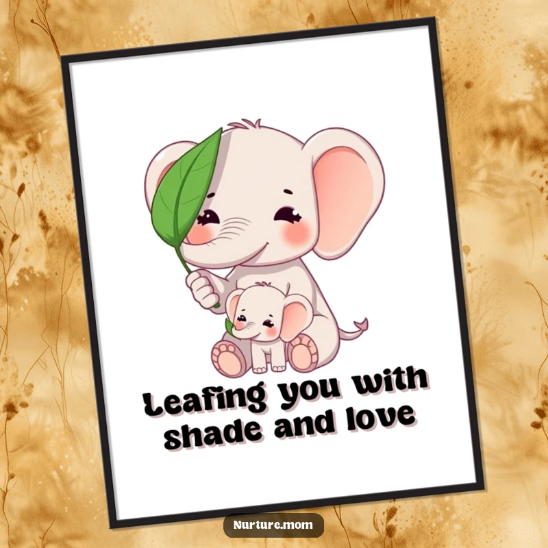 Funny Free Printable Wall Art: Kawaii elephant mom shields baby from bright sun with a big leaf, a sweet protective moment.
