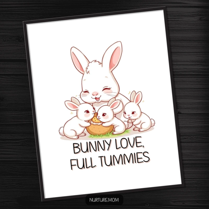 Funny Free Printable Wall Art: A nurturing mother rabbit happily feeds her many hungry little bunnies.