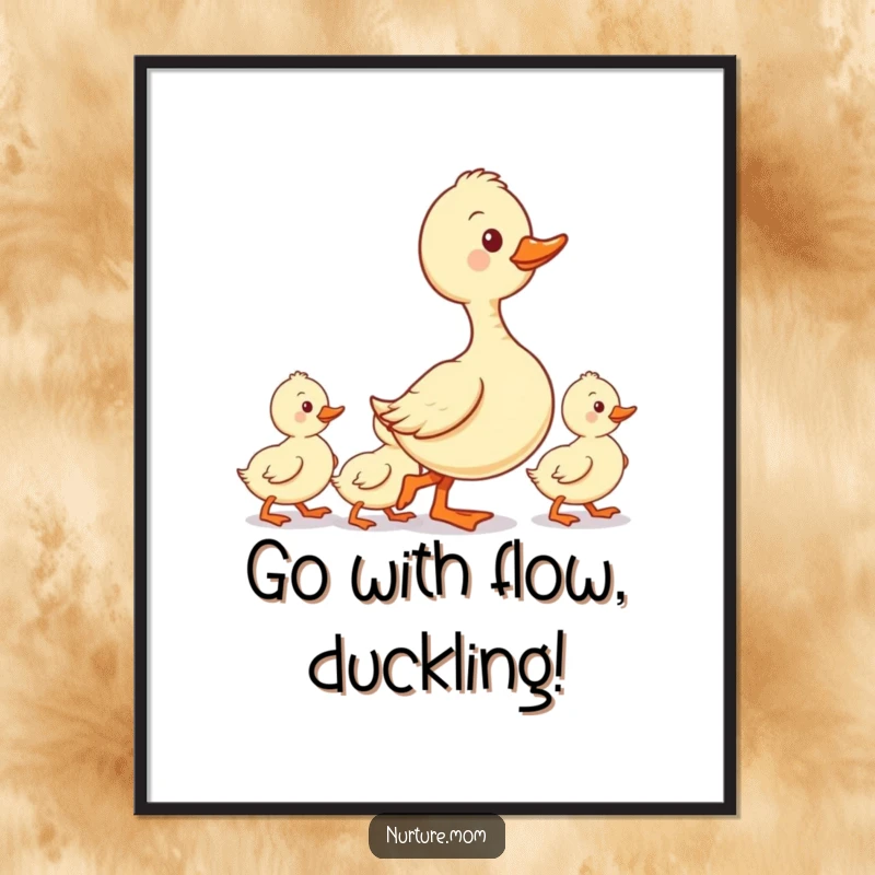 Funny Free Printable Wall Art: Kawaii duck mom leading her ducklings in a neat line, cute and humorous decor.