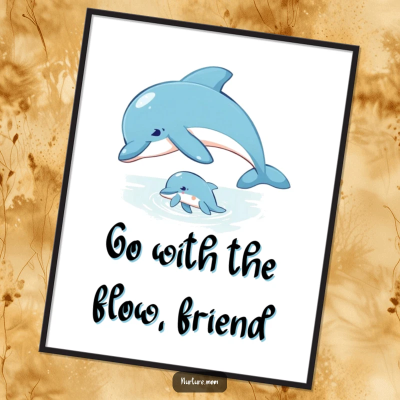Beautiful Free Printable Wall Art: Patient mother dolphin guides her young calf through the blue ocean waters.