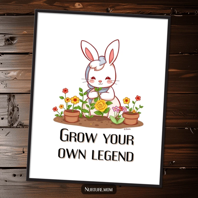 Funny Free Printable Wall Art: Kawaii rabbit mom happily gardening, vibrant flowers, a delightful and humorous scene for any room.
