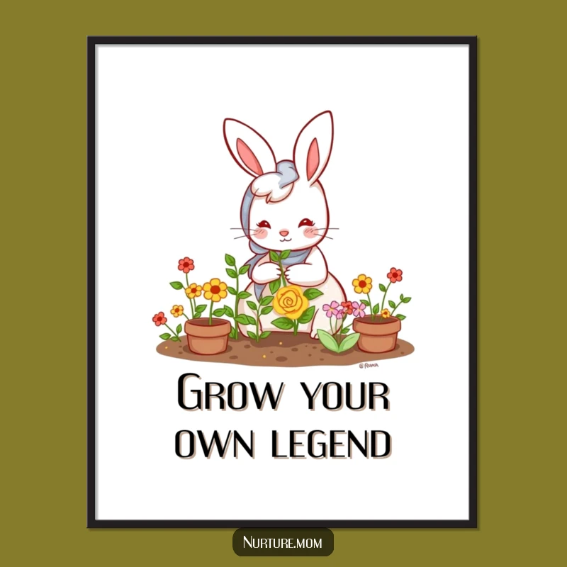 Free Printable Wall Art: Funny Kawaii Rabbit Mom Garden Scene, Downloadable Decor Gift