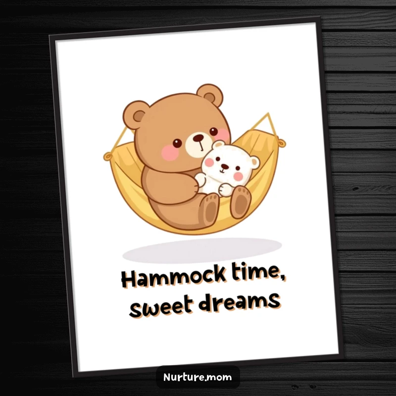 Funny Free Printable Wall Art: Kawaii bear mom rocking a baby animal in a cozy hammock, perfect for tranquility.
