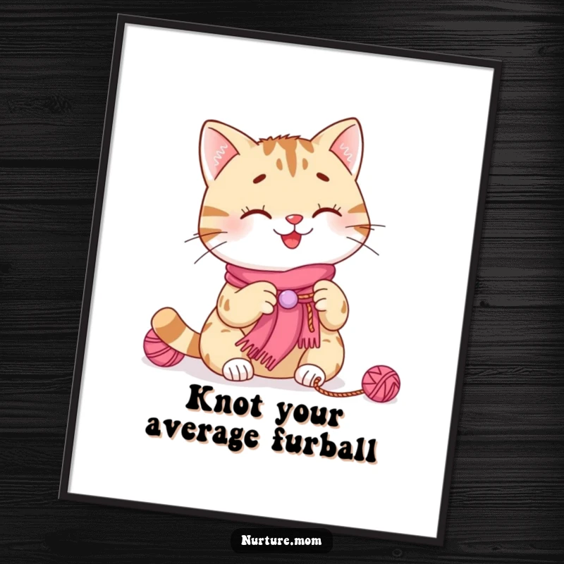 Funny free printable wall art of a smiling cat diligently knitting a tiny scarf with yarn.