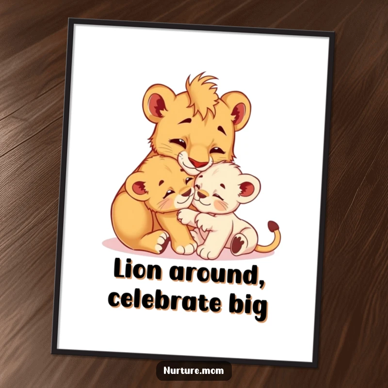 Free Printable Wall Art showcasing a nurturing lioness cub tenderly grooming her playful offspring, a scene of pure love.