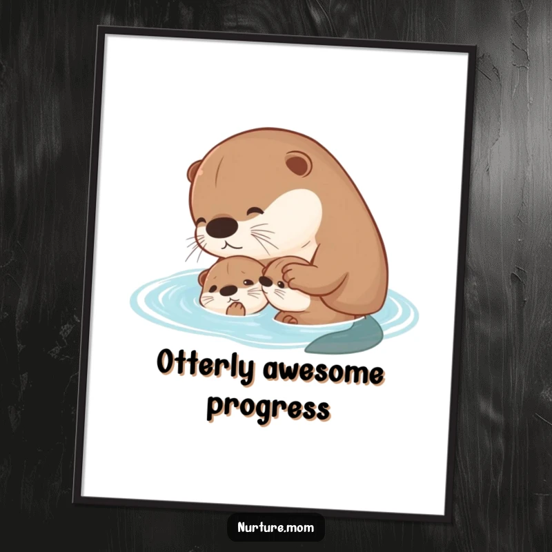 Funny Free Printable Wall Art: A kawaii mother otter gently teaches her pup how to swim, creating heartwarming, humorous decor.