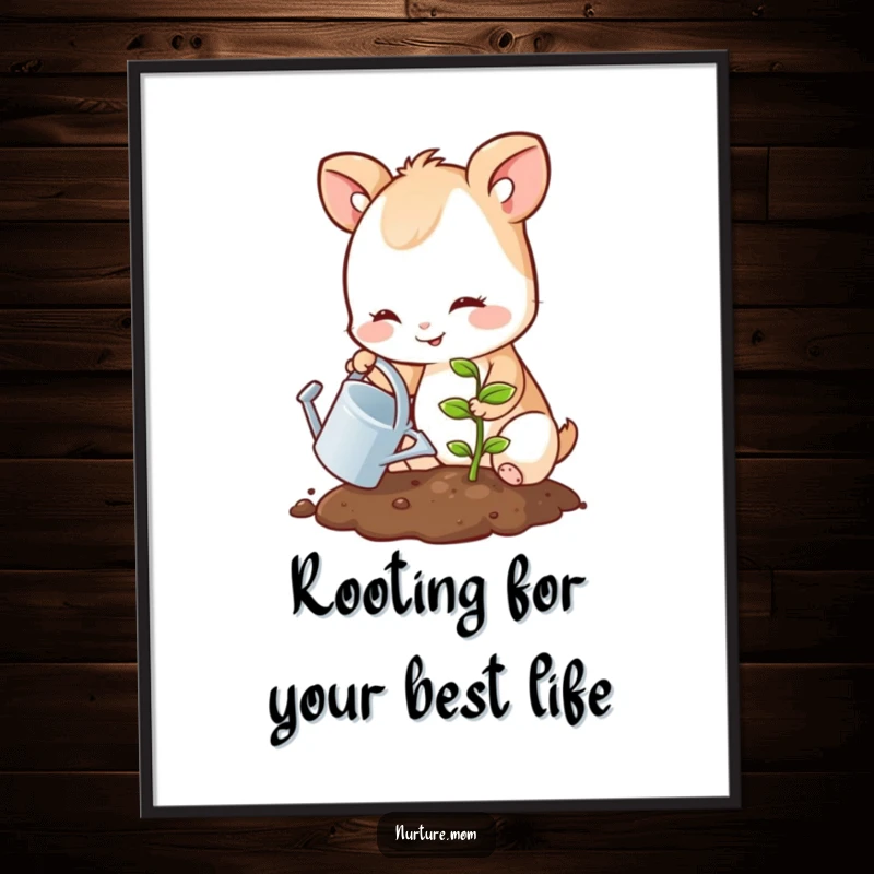 Funny Free Printable Wall Art: Adorable animal with a gentle smile watering a tiny sprout, bringing a touch of nature indoors.