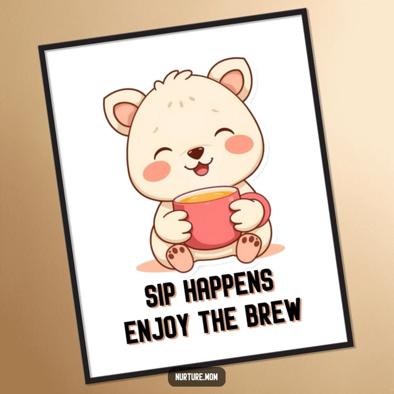 Funny Free Printable Wall Art: a gentle animal with a smile offering a comforting warm cup.