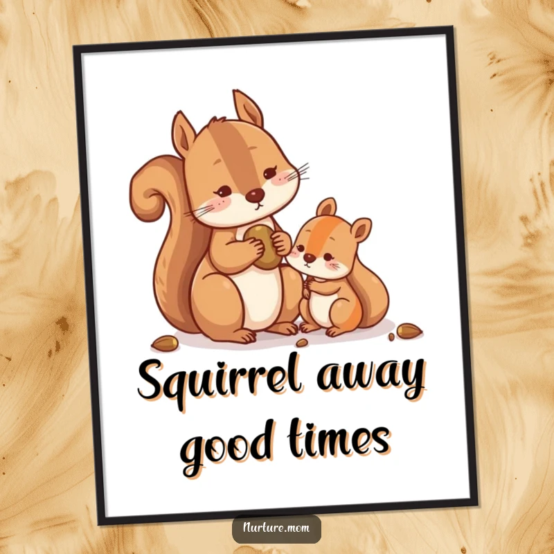Funny Free Printable Wall Art: A contented squirrel happily shares a pile of nuts with a smaller squirrel.