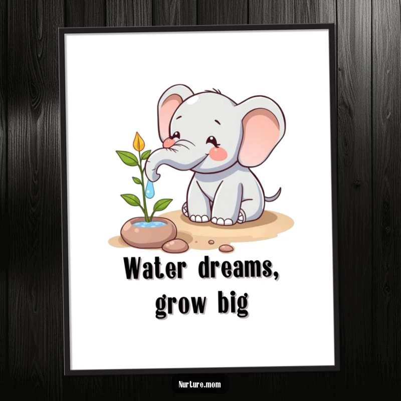Funny Free Printable Wall Art: A happy elephant character uses its trunk to water a plant, symbolizing life and joy, delightful DIY wall art.