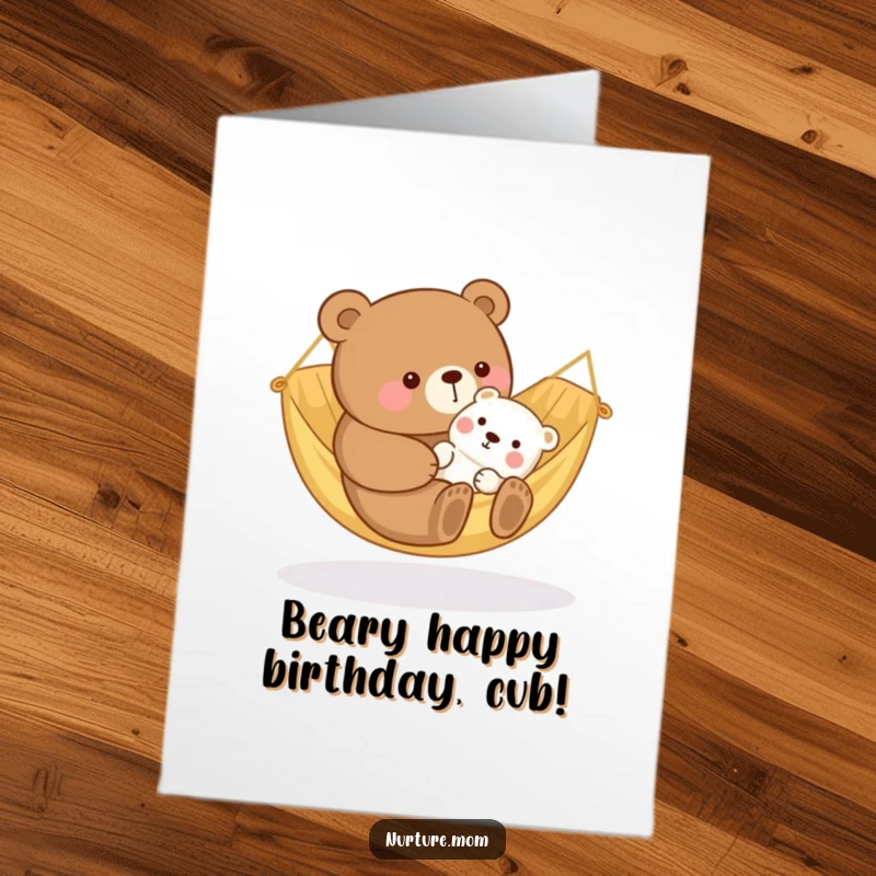 Funny Free Printable Birthday Card: Kawaii bear mom rocking a baby animal in a cozy hammock, so sweet.