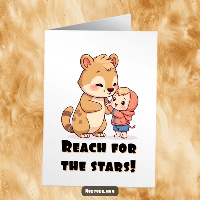 Encouraging Free Printable Birthday Card: An animal guiding a small creature to reach for a bright, distant object.