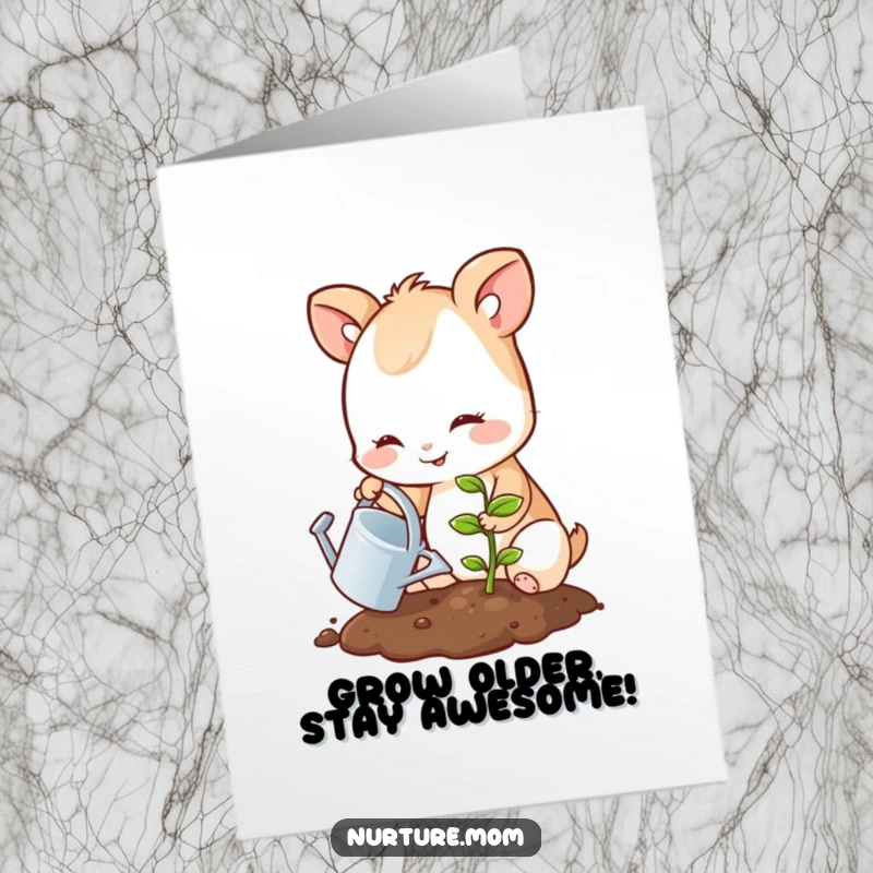 Funny Free Printable Birthday Card: Adorable animal with a gentle smile watering a tiny sprout, spreading birthday cheer.