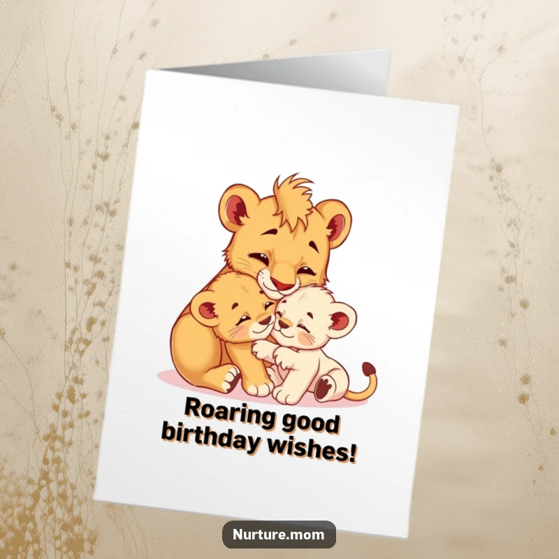 Free Printable Birthday Card featuring a nurturing lioness cub gently grooming her playful offspring, full of love.
