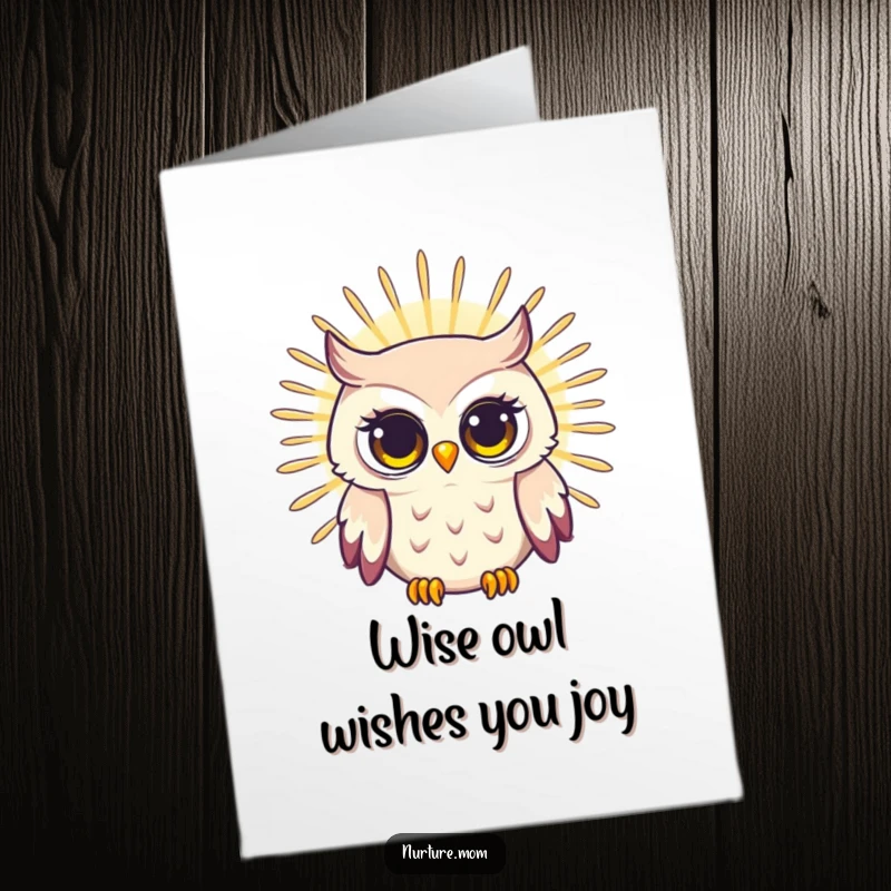 Funny Free Printable Birthday Card: Radiating owl mom with a bright, wise gaze, sending warm wishes and humor.