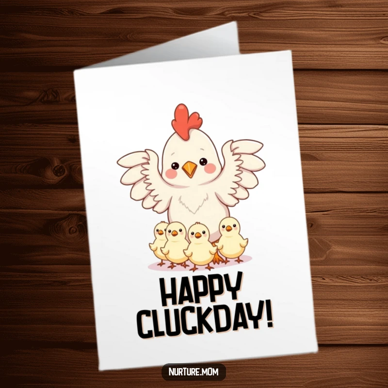 Funny Free Printable Birthday Card: Kawaii chicken mom protecting chicks under wings, motherly love humor.