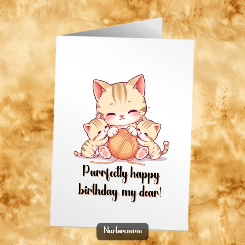 Funny Free Printable Birthday Card: Kawaii mother cat plays with yarn ball and kittens, a humorous downloadable.