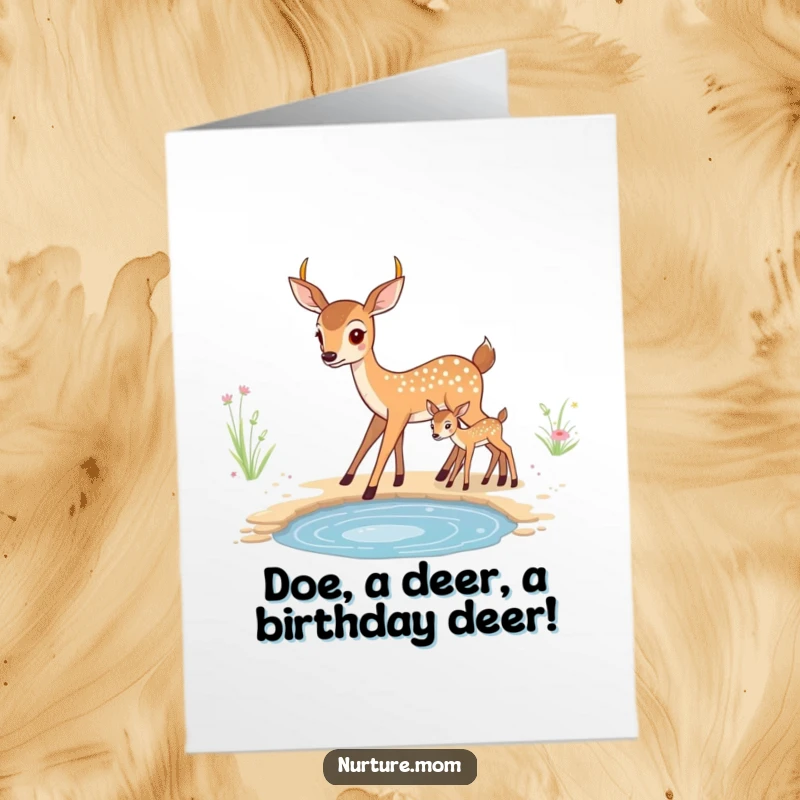 Funny Free Printable Birthday Card: Kawaii mother deer guides fawn to water, a heartwarming and humorous downloadable gift.