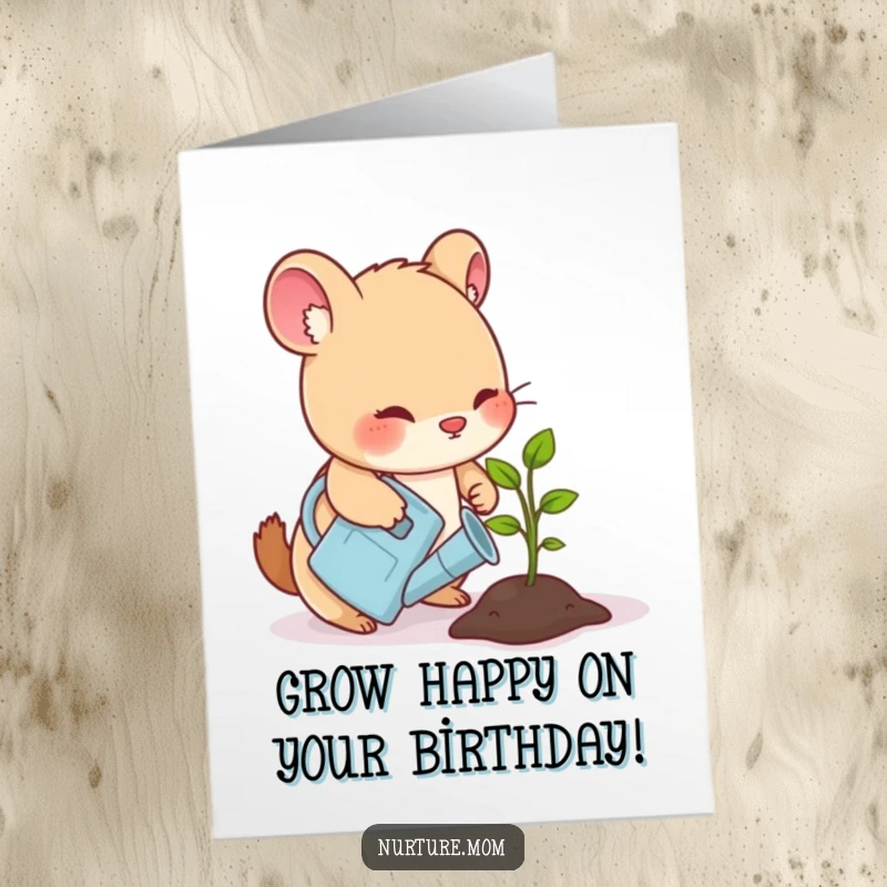 Funny Free Printable Birthday Card: Small animal waters a seedling, representing birthday growth and cheer.