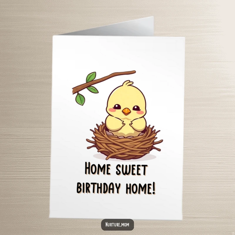 Funny Free Printable Birthday Card: Kawaii mother bird carefully building a cozy nest, perfect for a nurturing, humorous birthday greeting.