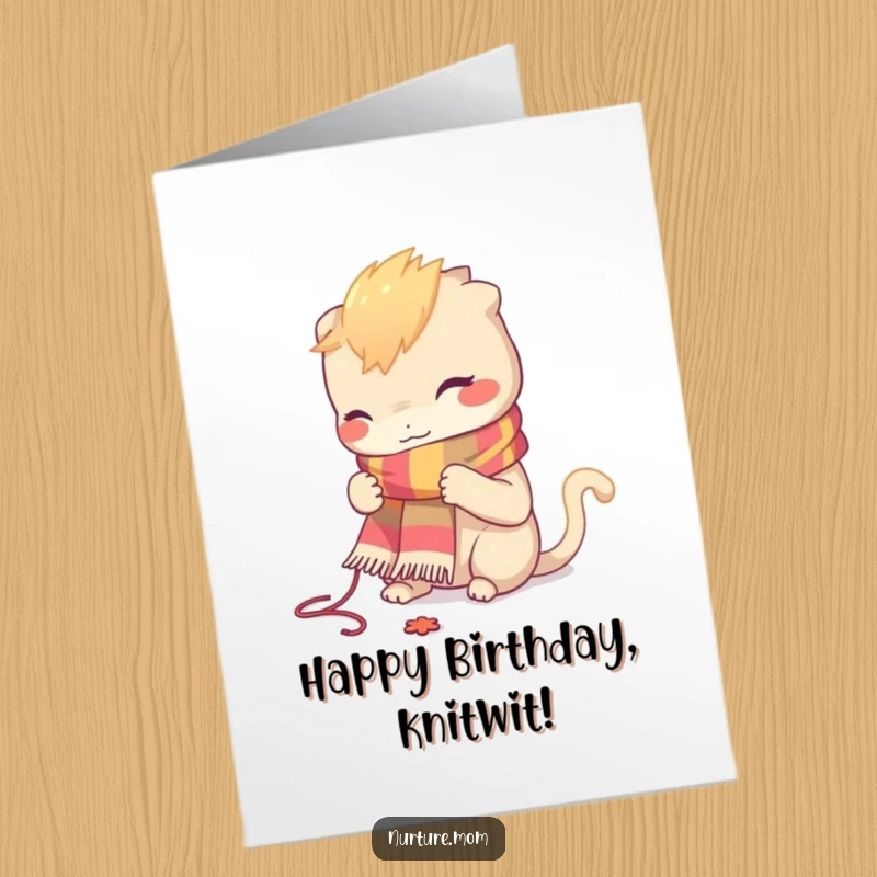 Funny Free Printable Birthday Card: a focused creature intently knitting a colorful scarf.