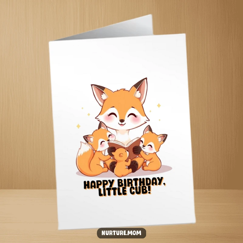 Free Printable Birthday Card: A happy fox mom reading a bedtime story to her attentive cubs, surrounded by warmth.