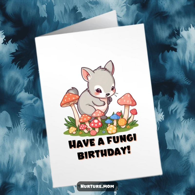 Funny Free Printable Birthday Card: Playful animal in a crouch tending to vibrant mushrooms, wishing a happy birthday.