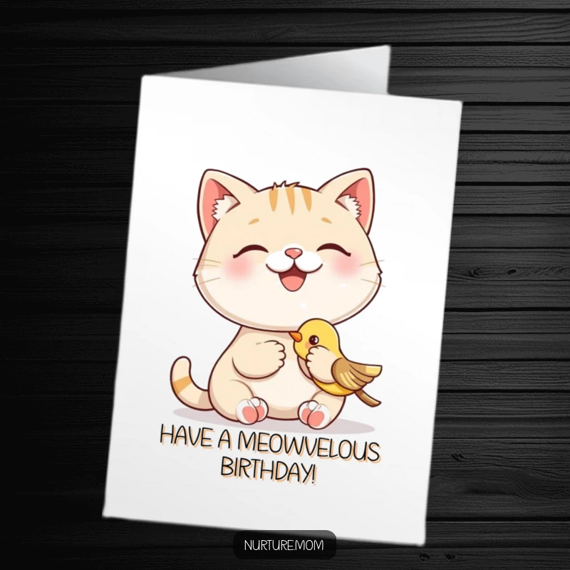 Funny Free Printable Birthday Card: Smiling cat happily feeding a baby bird, symbolizing nurturing and laughter, a delightful downloadable gift.