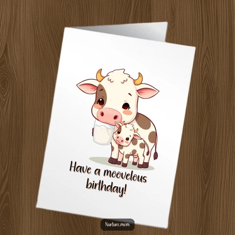 Free Printable Birthday Card: A contented cow mom offers milk to her calf, a symbol of nurturing.