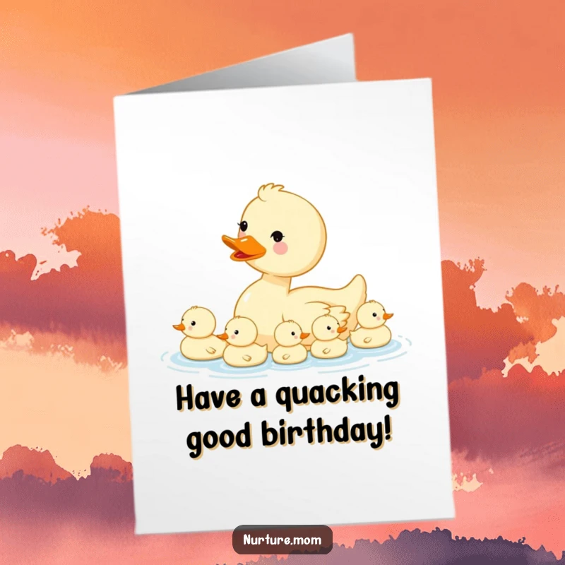Funny Free Printable Birthday Card: Kawaii mama duck leads ducklings, a cute and humorous downloadable greeting.