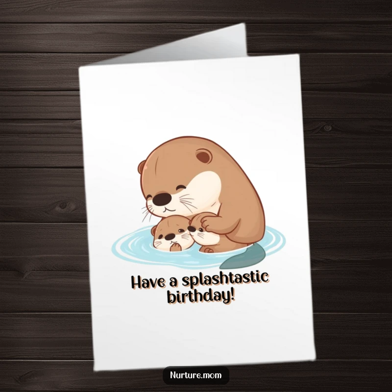 Funny Free Printable Birthday Card: Kawaii mother otter gently teaching her pup to swim, perfect for a heartwarming, humorous greeting.