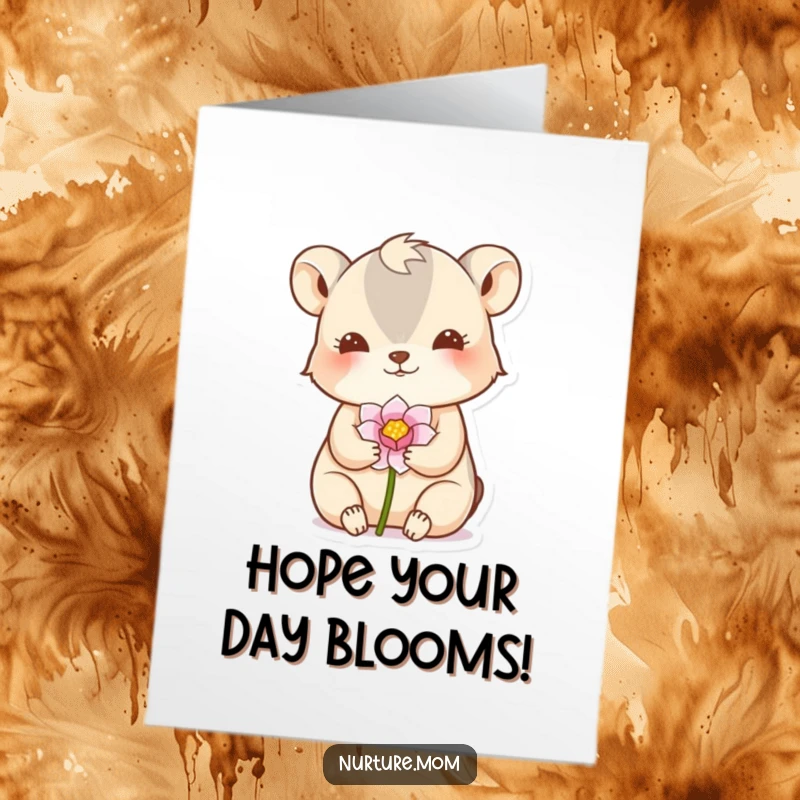 Funny Free Printable Birthday Card: Sweet animal gently cradling a tiny flower bud, sharing birthday wishes.