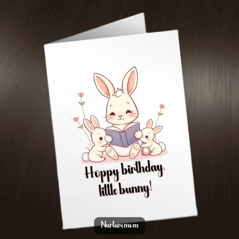 Funny Free Printable Birthday Card featuring a kawaii mama bunny reading a storybook to her adorable kits, spreading birthday cheer.