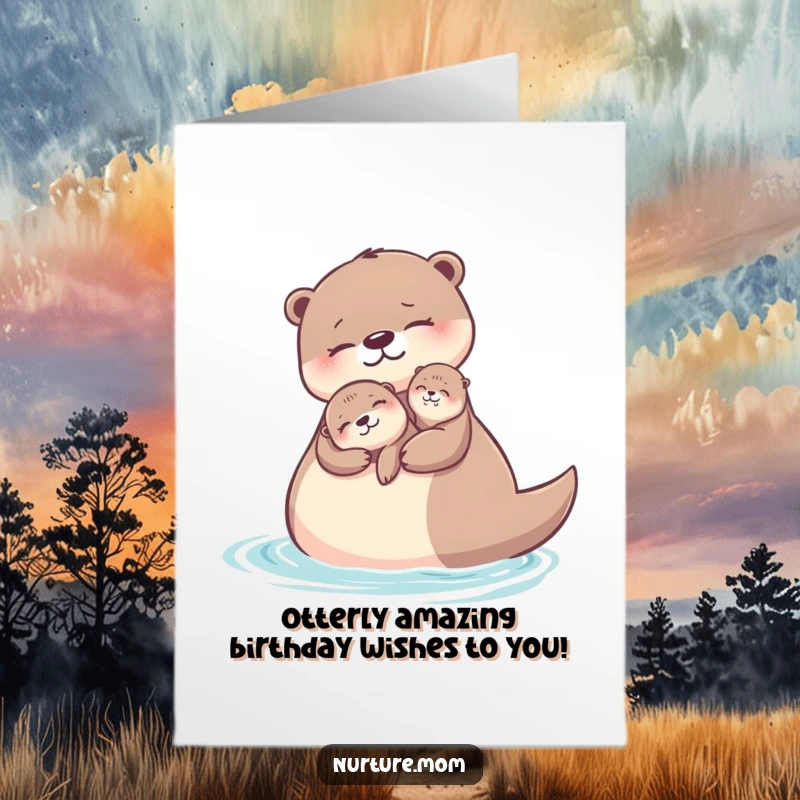 Funny Free Printable Birthday Card: Otter mom holding pup afloat, loving embrace, water scene, cute animals, downloadable card