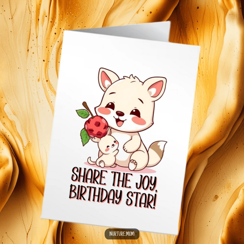 Funny Free Printable Birthday Card: a happy animal generously sharing a berry with a tiny friend.