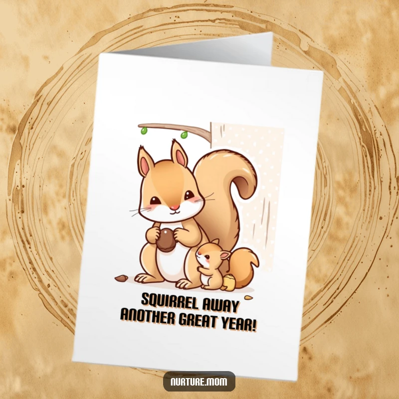 Funny Free Printable Birthday Card: Kawaii mother squirrel teaches babies nut storage, a cute and humorous downloadable.