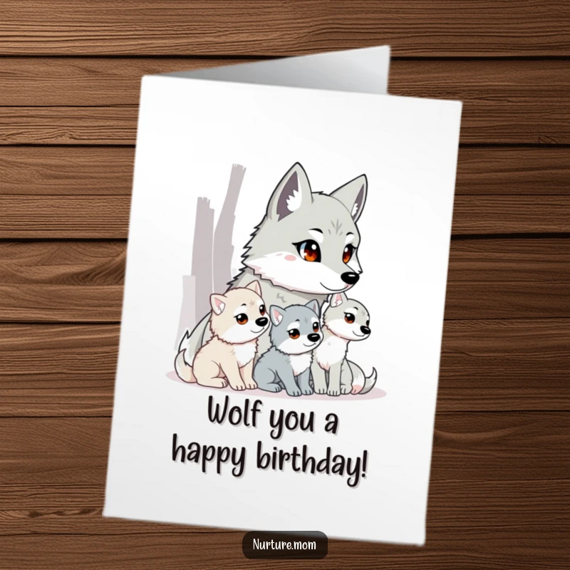 Funny Free Printable Birthday Card: Wolf mom watching pups closely, protective gaze, wild nature, mother's love, downloadable card