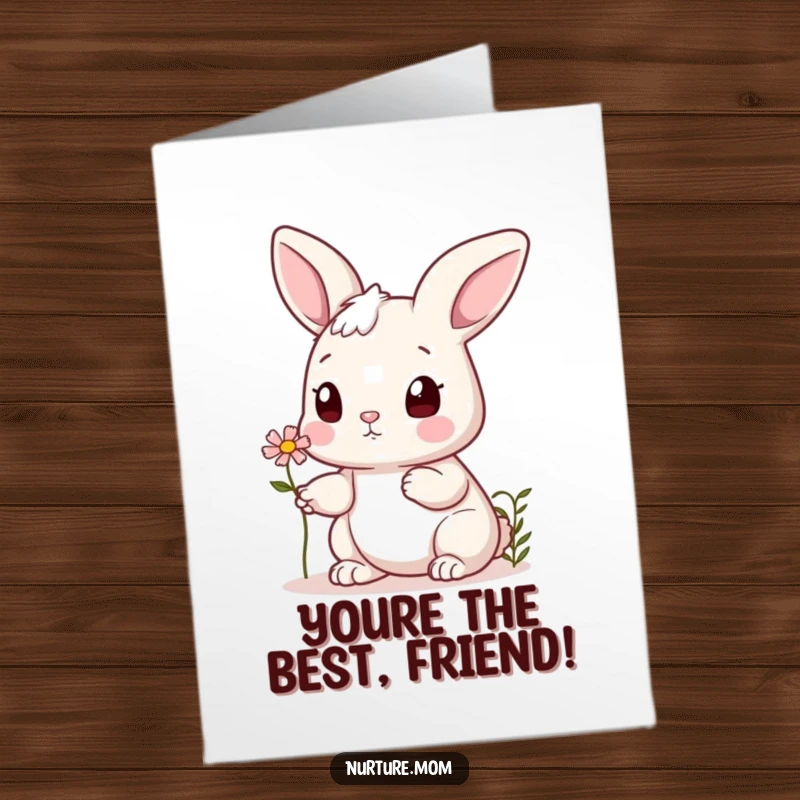 Funny free printable birthday card featuring a cute bunny offering a tiny flower to a smiling friend.