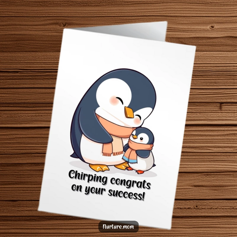 Funny Free Printable Congratulations Card: Mama penguin smiles, assisting her chick with a tiny scarf, celebrating good news together.