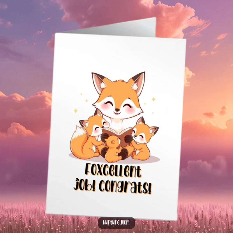 Free Printable Congrats Card: A fox mom reading a story to her cubs, symbolizing achieved goals and happy endings.