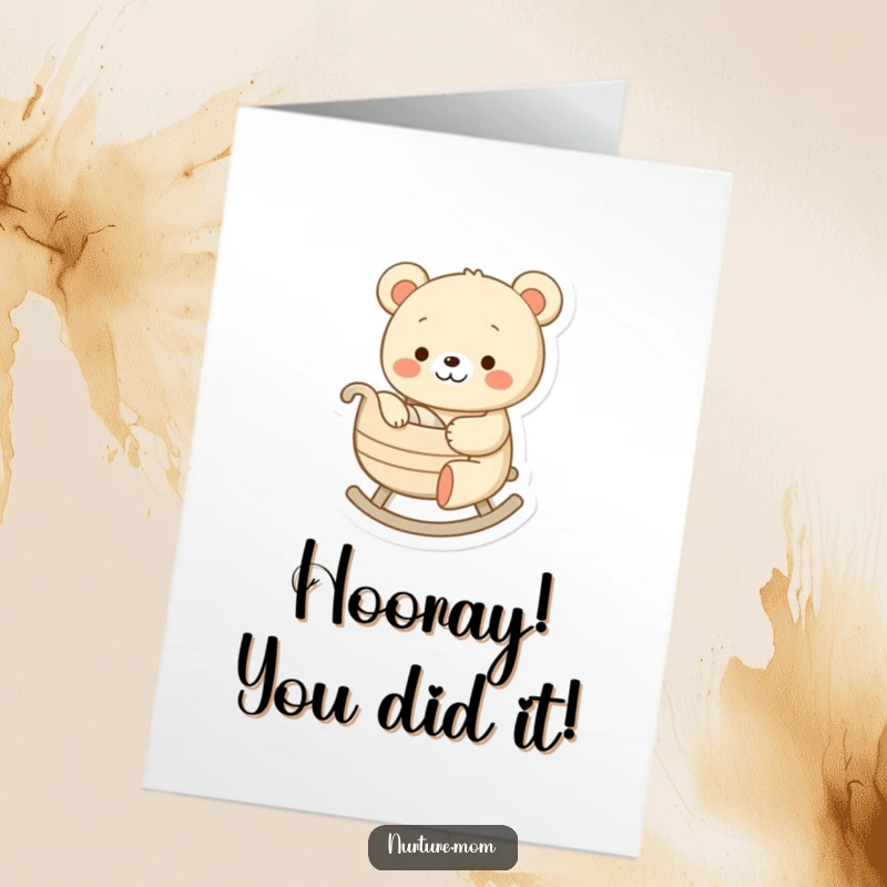 Funny Free Printable Congrats Card: A cheerful bear gently rocks a tiny cradle, offering comfort and congratulations, ideal for a DIY gift.