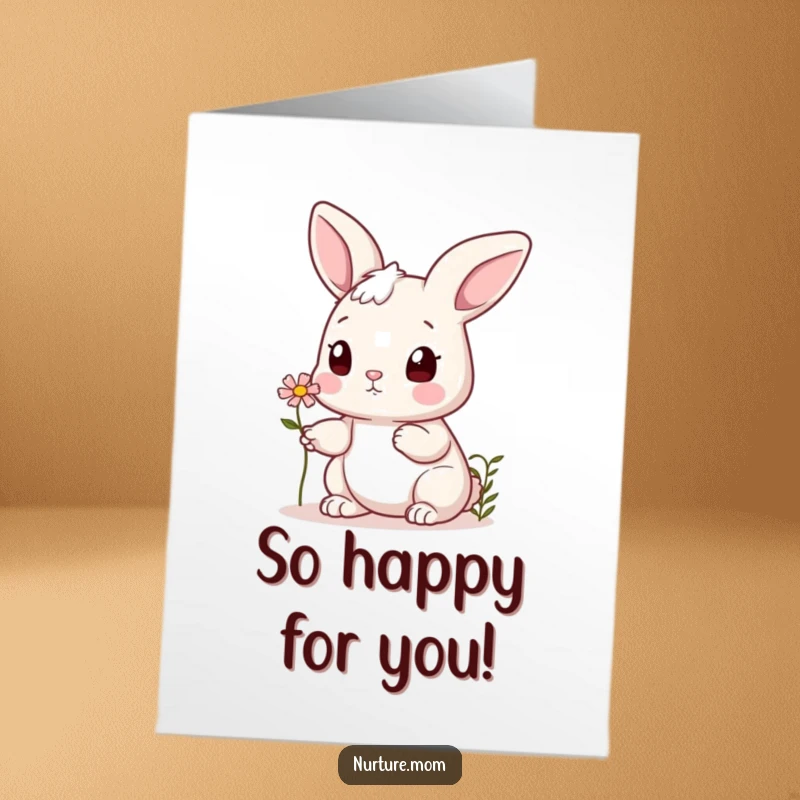 Funny free printable congratulations card with a cute bunny offering a tiny flower to a happy friend.