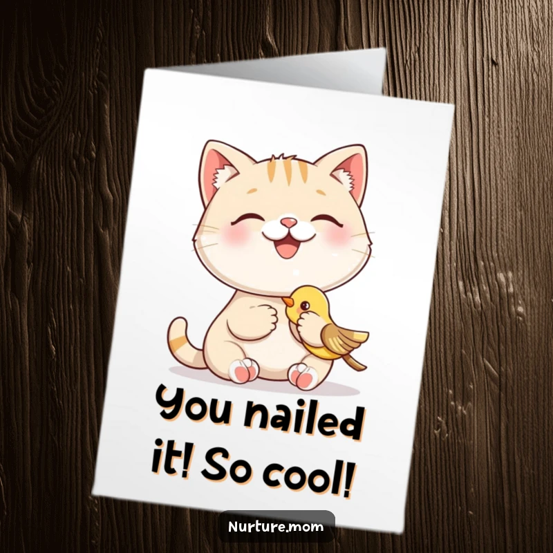 Funny Free Printable Congrats Card: A smiling cat happily feeding a baby bird, showing kindness and care, perfect for a DIY gift.